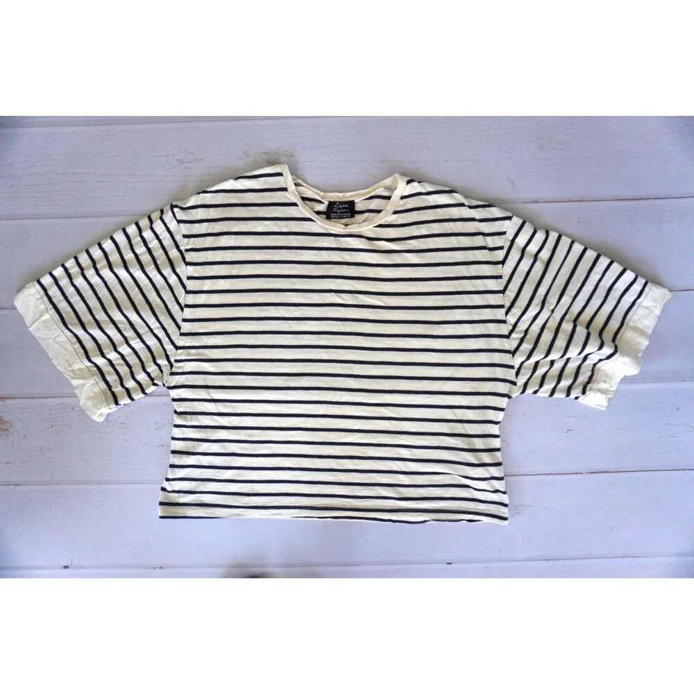 Zara Trafaluc Women's Navy Cream Striped Boxy Tee - Size S - Picture 1 of 4